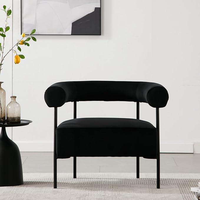 Modern Accent Chair with Curved Back, Small Living Room Vanity Chair, Black Comfy Velvet Barrel Armchair with Metal Legs & Upholstered for Bedroom, Makeup Room