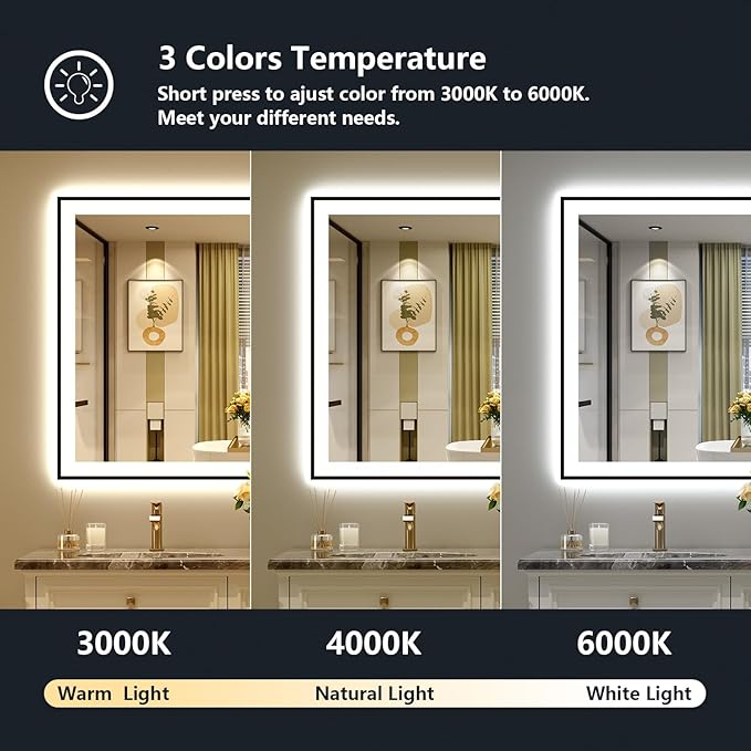 44x30 Inch LED Bathroom Mirror with Lights (Front Lit and Backlit) Black Framed Lighted Vanity Mirror for Bathroom Wall Dimmable Anti-Fog Memory Tempered Glass Horizontal/Vertical