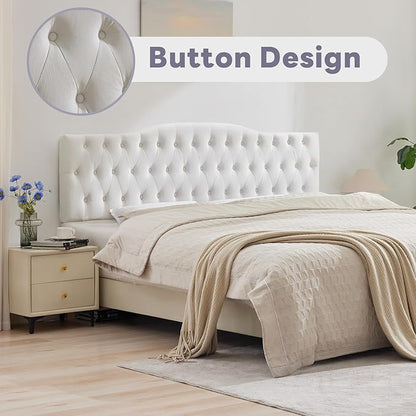 Upholstered Queen Headboard, Button Diamond Tufted Headboard with Adjustable Height and Solid Wood Leg, Velvet Padded Headboards for Queen Size Bed, Modern Head Board, White