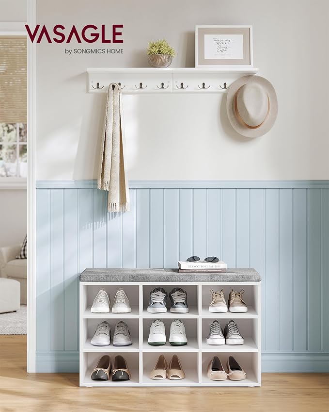 VASAGLE CUSTOS Collection - Shoe Bench, Storage Bench with Padded Seat, Entryway Bench with 9 Compartments, for Bedroom, 11.9 x 30.9 x 18.9 Inches, Cloud White and Dove Gray ULHS009W14