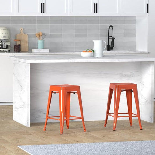 Vogue Furniture Direct 24" Bar Stools Backless Metal Barstools Indoor-Outdoor Counter Height Stools with Square Seat, Set of 2 (Orange)