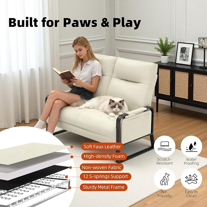Faux Leather Loveseat, Upholstered Loveseat with Side Tray Table & Storage Pocket, Small Loveseat for Living Room, Modern 2 Seater Sofa Couch for Small Spaces, Bedroom, Beige