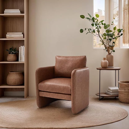 Modern Accent Barrel Chair, Single Sofa Chair with Removable Back Pillow, Comfy Pu Leather Upholstered Reading Accent Chair Lounge Armchair for Bedroom Living Room, Brown