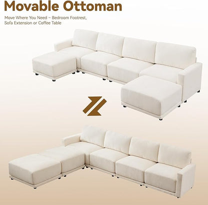 110.6" L-Shaped Modular Sectional Sofa Modern Chenille Comfy Couch with Thickened Seat Cushions, Easy Assembly, Upholstered 4 Seater Couch with Movable Ottoman for Living Room, White