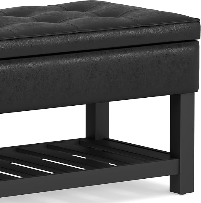 SIMPLIHOME Cosmopolitan 44 inch Wide Transitional Rectangle Storage Ottoman Bench with Open Bottom in Distressed Black Vegan Faux Leather, Assembled for the Living Room and Bedroom