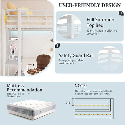 SUNLEI Metal Twin Loft Bed with Desk, Twin Size Loft Bed with 2 Built-in Ladders & Safety Guard, Noise Free for Small Bedroom, Matte White