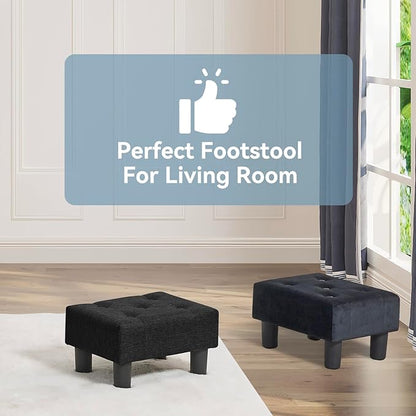 Poofzy Small Foot Stool Ottoman, Linen Ottoman Foot Rest with Legs, Rectangle Foot Rest for Couch, Footstools and Ottomans Small for Living Room and Entryway (Black)