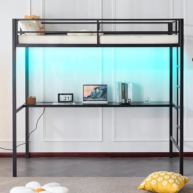 Karl home Twin Metal Loft Bed with Desk, with Power Outlet and LED Lighted, Safety Guardrail & Ladder, Space Saving, No Noise, No Box Spring Needed, Black