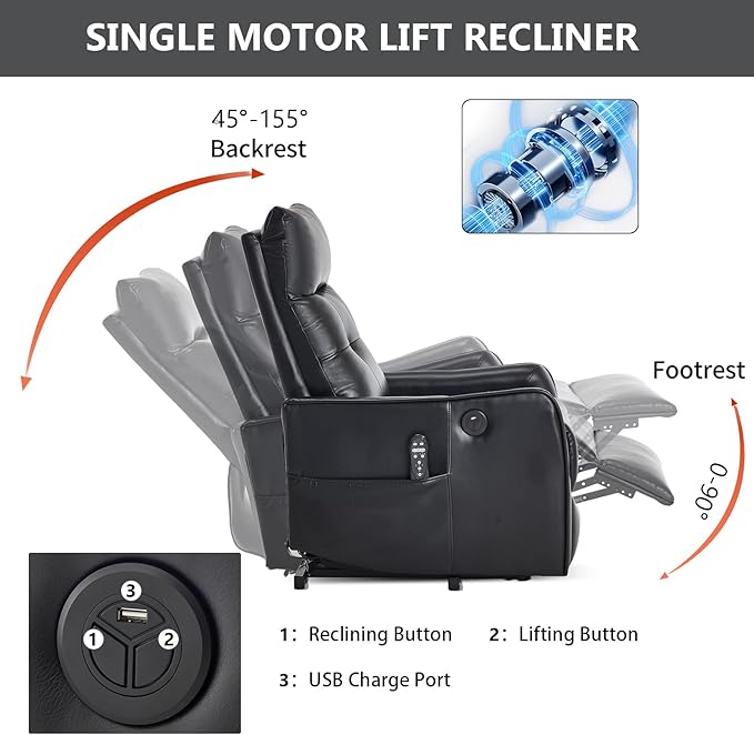 PELUMY Manual Lift Recliner Chair with Massage and Heat for Elderly, Single Motor Electric Lift Chair, Heavy Duty Recliner with USB Charging & Side Pockets (Breathable Leather, Black)