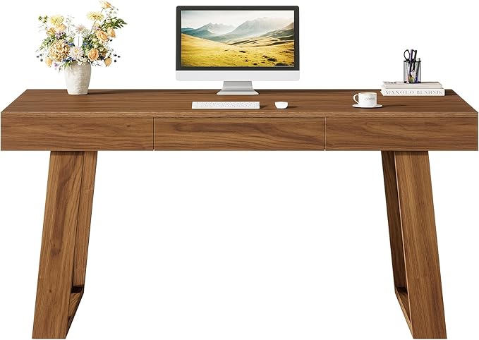 Tribesigns 55" Wide Desktop Executive Desk with Drawer, Retro Brown Computer Office Desk, Modern Wood Business Workstation Table for Home Office