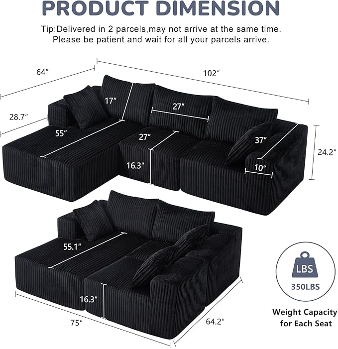 BV 102" Modern Modular Sectional Sofa,Cloud Couch Sectional with Chaise,Comfy Upholstered L-Shape Sofa for Living Room, Deep Seat Boneless Couch, No Assembly Required,Black