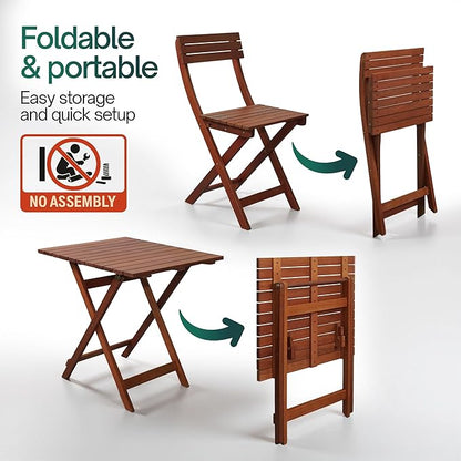 Tranquillo Foldable Eucalyptus Wood Bistro Set – 3-Piece Outdoor Patio Table and Chairs Set, Compact Folding Balcony Furniture, Weather & Water Resistant Garden Set for Small Spaces