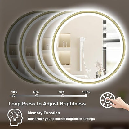 S'bagno 32" Round Gold LED Mirror for Bathroom With Frontlit & Backlit, Metal Frame, Anti-Fog, Stepless Dimmable, 3 Colors Temperature Vanity Mirror