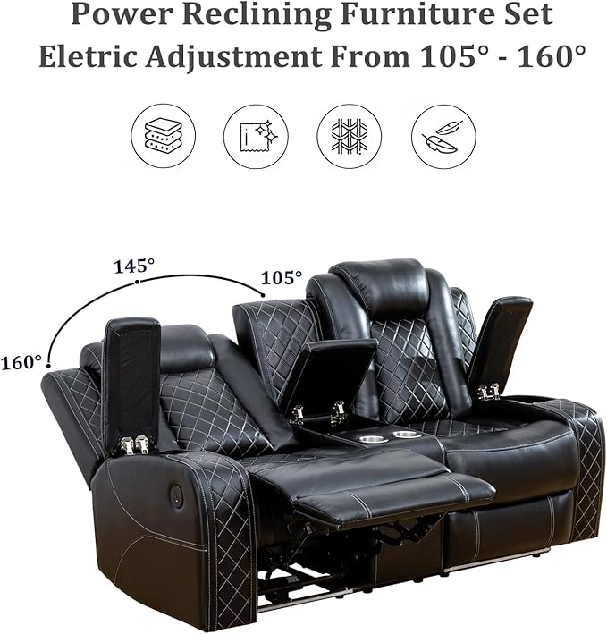 Power Recliner Sofa Set with LED, Black Leather Reclining Living Room Sofa, Muti-Functional Recliner Sofa and Couch with Storage Console/Cup Holders/USB Ports