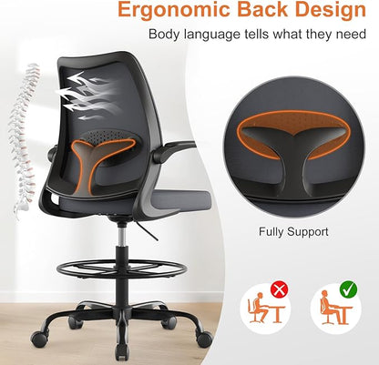Drafting Chair,Tall Office Chair with Adjustable Footrest Ring,Lumbar Support,Ergonomic High Desk Seat,Flip-Up Armrests,Breathable Mesh Standing Stool for Home Office,Grey
