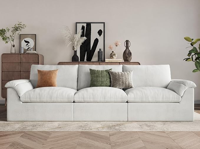 EASE MOOSE Oversized Boneless Couch for Living Room, Sectional Cloud Sofa, Modular Cloud Couch, 3-Seater Deep Seat Sofas with Pillow for Bedroom, Apartment, No Assembly Required, Chenille (White)