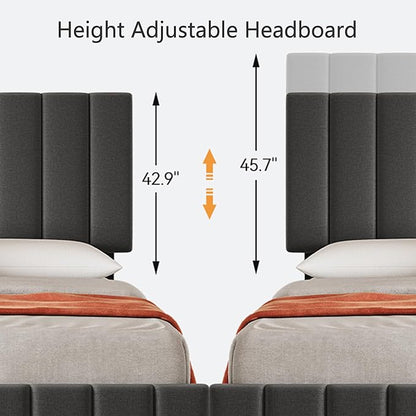 Garvee Queen Size Bed Frame with 4 Storage Drawers, Adjustable Height Headboard, Linen Upholstered Platform Bed Frame, No Box Spring Needed, Easy Assembly, Grey