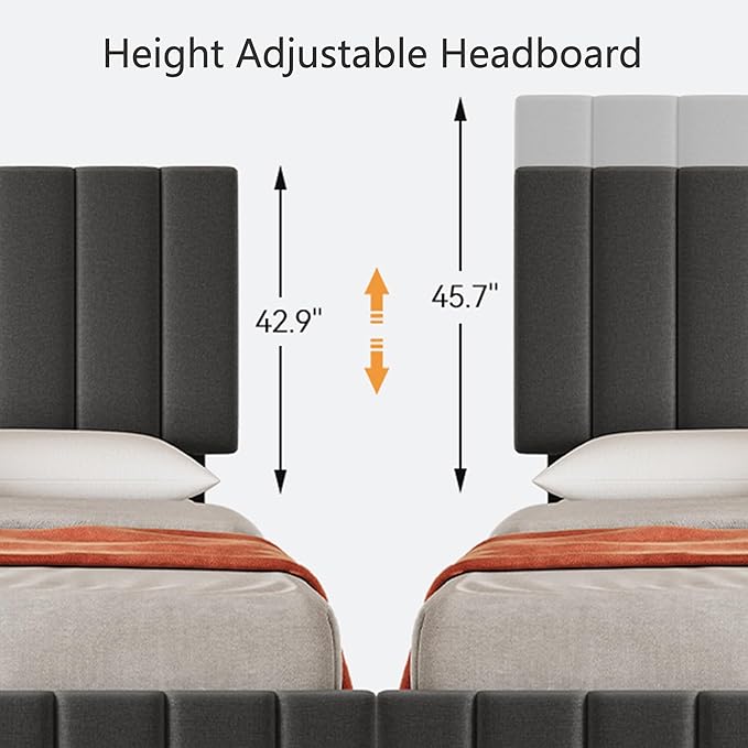 Garvee Full Size Bed Frame with 4 Storage Drawers, Adjustable Height Headboard, Linen Upholstered Platform Bed Frame, No Box Spring Needed, Easy Assembly, Grey