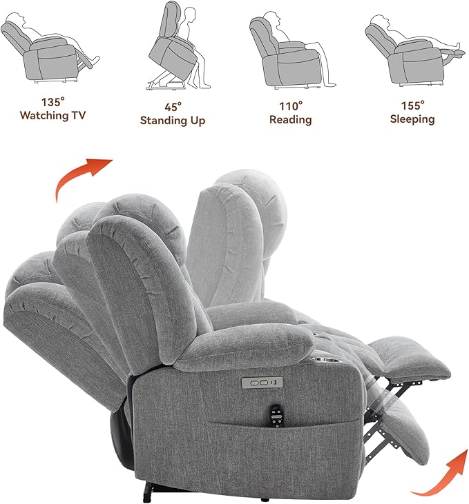 Power Lift Recliner Chair, USB/Type-C Ports & Cup Holders, Heavy Duty Chenille Recliner for Elderly, Light Grey