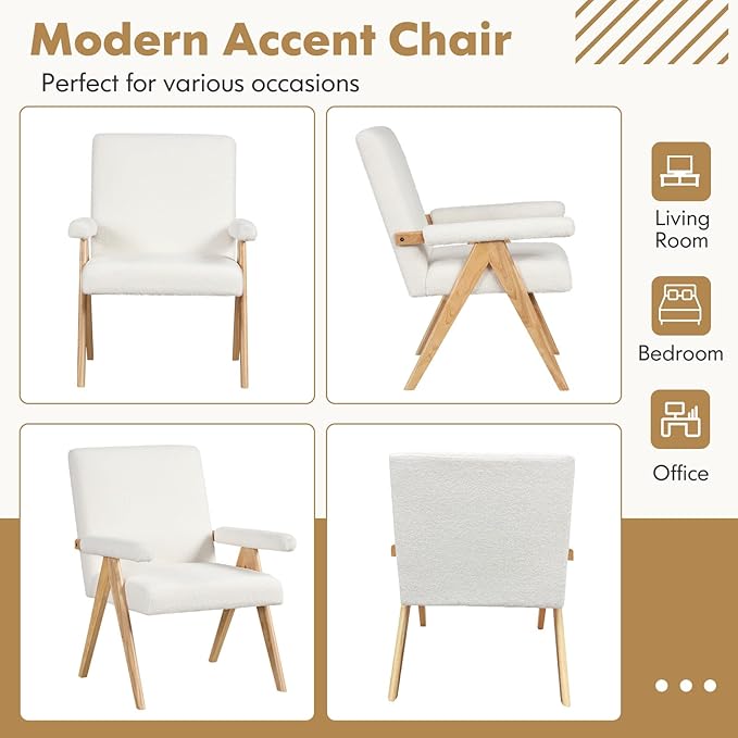 Giantex Mid-Century Modern Accent Chair, Sherpa Fabric Reading Chair with Padded Armrests, Solid Rubber Wood Frame, Upholstered Side Arm Chair for Living Room, Bedroom, Office, Beige