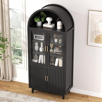 Arched Cabinet with Glass Doors, Fluted Tall Pantry with Solid Wood Legs, 71" Modern Accent Cabinet for Living Room, Kitchen, Dining Room, Entryway, Black