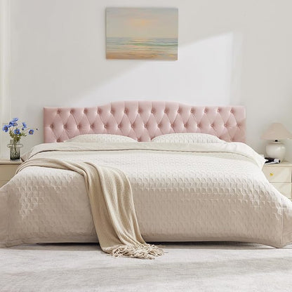 Upholstered King Headboard, Button Diamond Tufted Headboard with Adjustable Height and Solid Wood Leg, Velvet Padded Headboards for King Size Bed, Modern Head Board (Pink)
