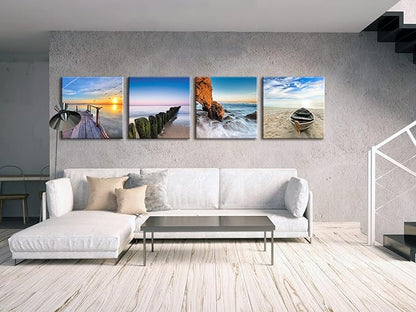 Wieco Art Seaview Sea Beach Canvas Prints Wall Art Large Modern 4 Panels Seascape Giclee Paintings Pictures Stretched and Framed Landscape Artwork Ready to Hang for Home Decorations