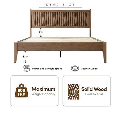 King Size Bed Frame, Solid Wood Platform Bed with Headboard & Footboard, 12 Sturdy Slatted, Central Metal Legs, Easy Assembly, Noise & Anti-Slip, No Box Spring Needed, Barnwood Finish, OLK-30