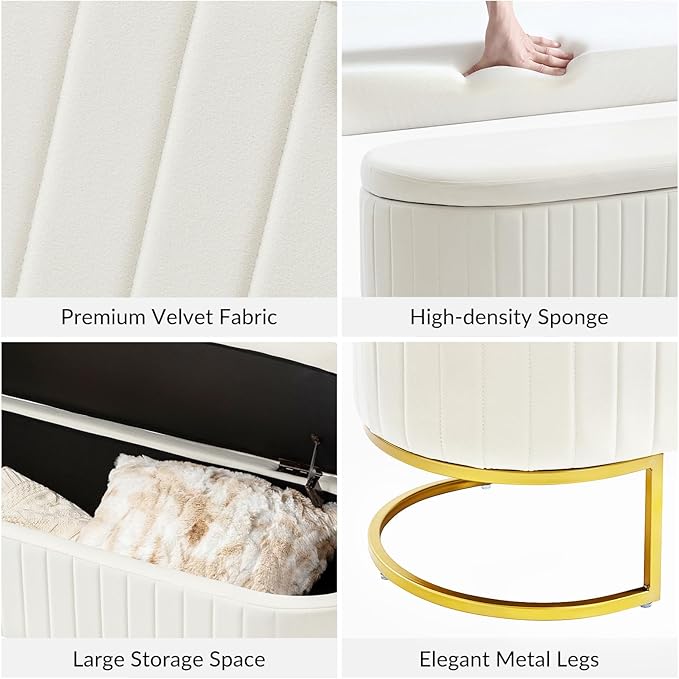 EcoHarbor Living 50" Storage Ottoman Bench with 2 Additional Ottomans, End of Bed Bench Bedroom Bench, Upholstered Velvet Long Window Bench with Gold Legs, Flipping Lid Entryway Footrest