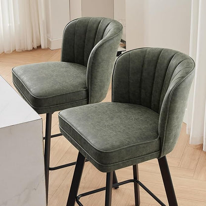 Swivel Counter Height Bar Stools Set of 3, 30'' Modern Barstools with Backs and Metal Legs, Upholstered Bar Chairs, Faux Leather Green Stools for Kitchen Island Chairs