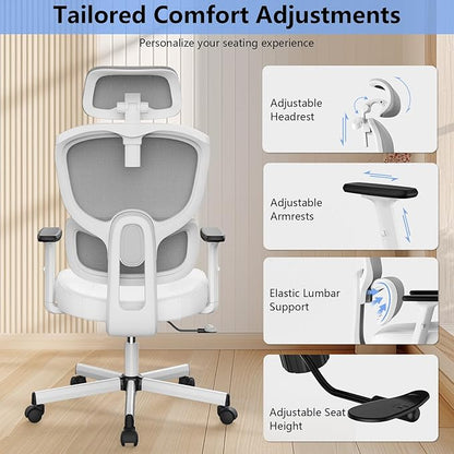 Office Chair, Ergonomic Desk Chair, High Back Desk Chair, Big and Tall Reclining Comfy Home Office Chair with Lumbar Support Breathable Mesh Computer Chair Adjustable Armrests