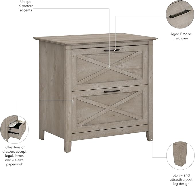 Bush Furniture Key West 2 Drawer Lateral File Cabinet in Washed Gray, Document Storage for Home Office, Accent Chest with Drawers