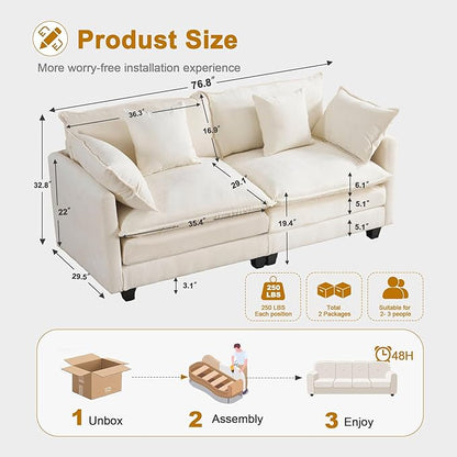77" Cloud Chenille Sofa Set with Pillows, Deep Seat Loveseat Couch for Apartments, Space Saving 2-Seater with Solid Wood Frame, Easy Assembly (1YR Guarantee)