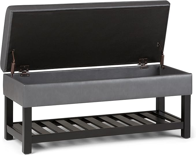 SIMPLIHOME Cosmopolitan 44 inch Wide Transitional Rectangle Storage Ottoman Bench with Open Bottom in Stone Grey Vegan Faux Leather, Assembled for the Living Room and Bedroom