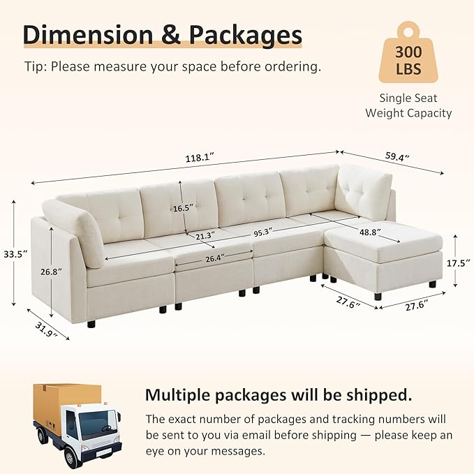 VANOMi 4 Seat Modular Sectional Sofa with Ottoman, 118" Cloud Sofas & Couches, Cozy Chenille Sectional Couches for Living Room, Apartment, Office, Beige, L Shaped