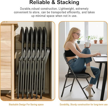 4 Pack Black Folding Chairs with Padded Cushion for Outside, Portable Stackable Commercial Metal Foldable Chairs with Steel Frame for Home Events Office Wedding Party, 350lbs Capacity