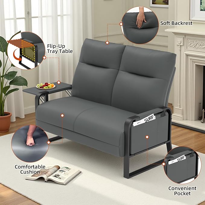 Faux Leather Sectional Couches for Living Room 3 Piece Loveseat and Chair Set with Flip Up Tray Tables Side Pockets Modern Modular Sectional Sofa for Office (2-Seat+1-Seat+1-Seat, Gray)
