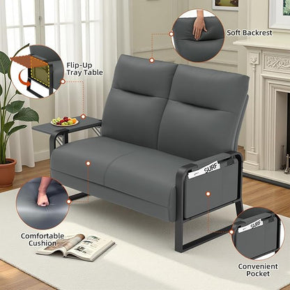 Faux Leather Sectional Couches for Living Room 3 Piece Loveseat and Chair Set with Flip Up Tray Tables Side Pockets Modern Modular Sectional Sofa for Office (2-Seat+1-Seat+1-Seat, Gray)