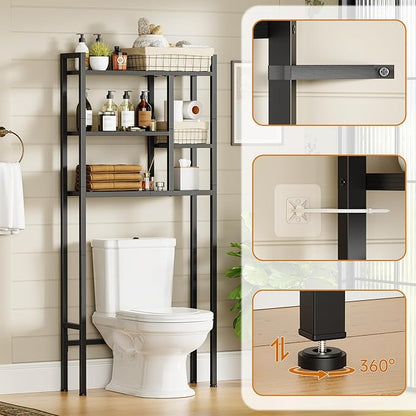 Over The Toilet Storage Rack, 3-Tier Bathroom Organizer Over Toilet, Wooden Above Toilet Storage Shelf, Space Saver, Freestanding Bathroom Storage Metal Shelf, Easy to Assemble, Black