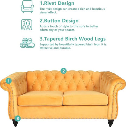 Velvet Loveseat Sofa, Mid Century Modern Upholstered Couch, 62" Oversized Comfy 2 Seater Love Seat Couch with Cushions, Tufted Chesterfield Sofa for Living Room, Bedroom, Apartment (Yellow)