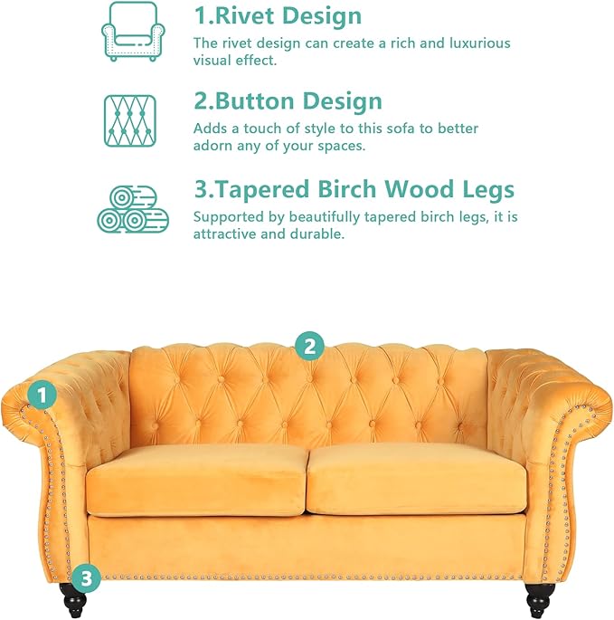 2 Piece Living Room Furniture Set, Velvet Loveseat and Chair Set, Mid Century Modern Upholstered Sofa Couch with Cushions, Comfy Tufted Chesterfield Couches for Living Room, Bedroom, Office