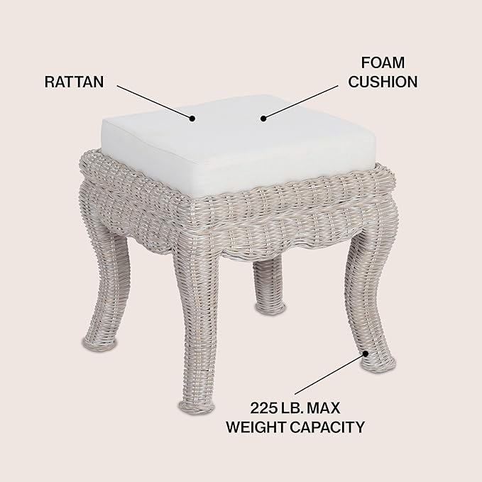 JONATHAN Y VSL1000C Rowan 19.7" Bohemian Designer Woven Rattan/Wood Ottoman Vanity Stool, White Cushion Seat with Gray White Wash Binded Base, for Living Room, Bedroom, Entryway, Foyer