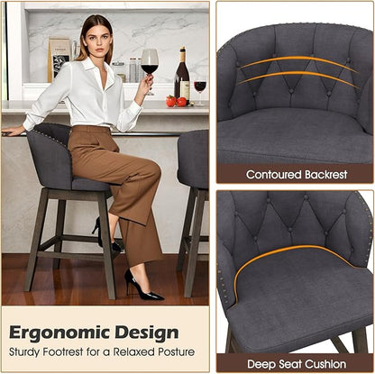 COSTWAY Counter Height Bar Stools Set of 2, Fabric Upholstered Island Stools with 360° Swivel Seat & Button-Tufted Back, Modern Pub Stools with Solid Rubber Wood Frame (Grey,2)