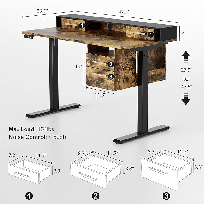 Standing Desk with 4 Drawers, 47.2 x 23.6 Inch Whole Piece Height Adjustable Electric Sit Stand Desk, Computer Home Office Workstation with Open Storage Shelf, Rustic Brown