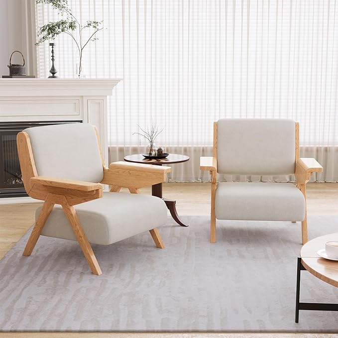 Mid Century Modern Accent Chair Set of 2, Fabric Upholstered Lounge Arm Chairs with Solid Wood Frame for Living Room, Bedroom, Office, Reading Corner(White)