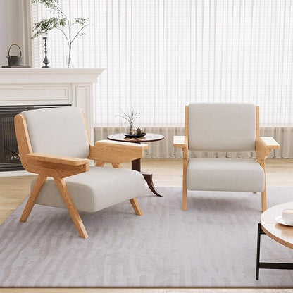 Mid Century Modern Accent Chair Set of 2, Fabric Upholstered Lounge Arm Chairs with Solid Wood Frame for Living Room, Bedroom, Office, Reading Corner(White)