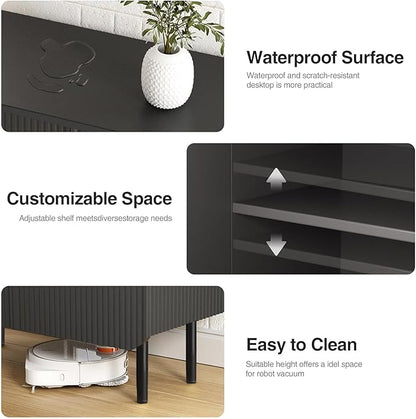 Modern Fluted Black Storage Cabinet with 2 Doors, Adjustable Shelves, and Metal Legs, Accent Buffet Sideboard for Living Room, Dining Room, Entryway (Black)