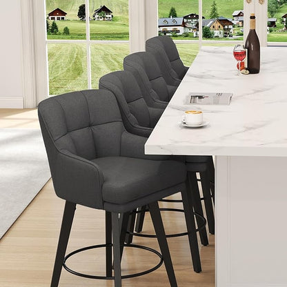 360°Swivel Counter Height Bar Stools with Back, 26 inch Solid Wood Legs, Bar Stool Modern Kitchen Island Chairs, Fabric (Black Grey- Fabric, 26" H- Set of 4)