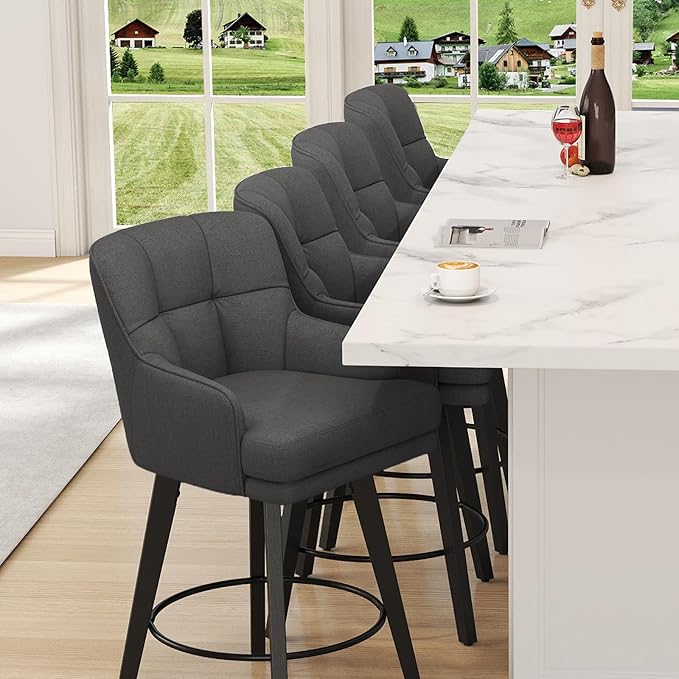 360°Swivel Counter Height Bar Stools with Back, 30 inch Solid Wood Legs, Bar Stool Modern Kitchen Island Chairs, Fabric (Black Grey- Fabric, 30" H- Set of 2)