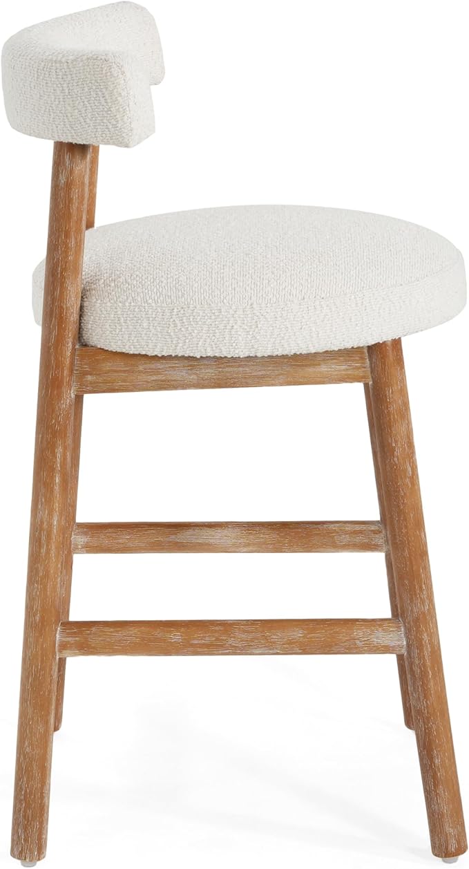 Christopher Knight Home Annes Counter Height Bar Stools Set of 2, Boucle Fabric Round Bar Stool for Kitchen Island, Wooden Dining Room Chair, Counter Stool with Footrest, Natural+Milky White
